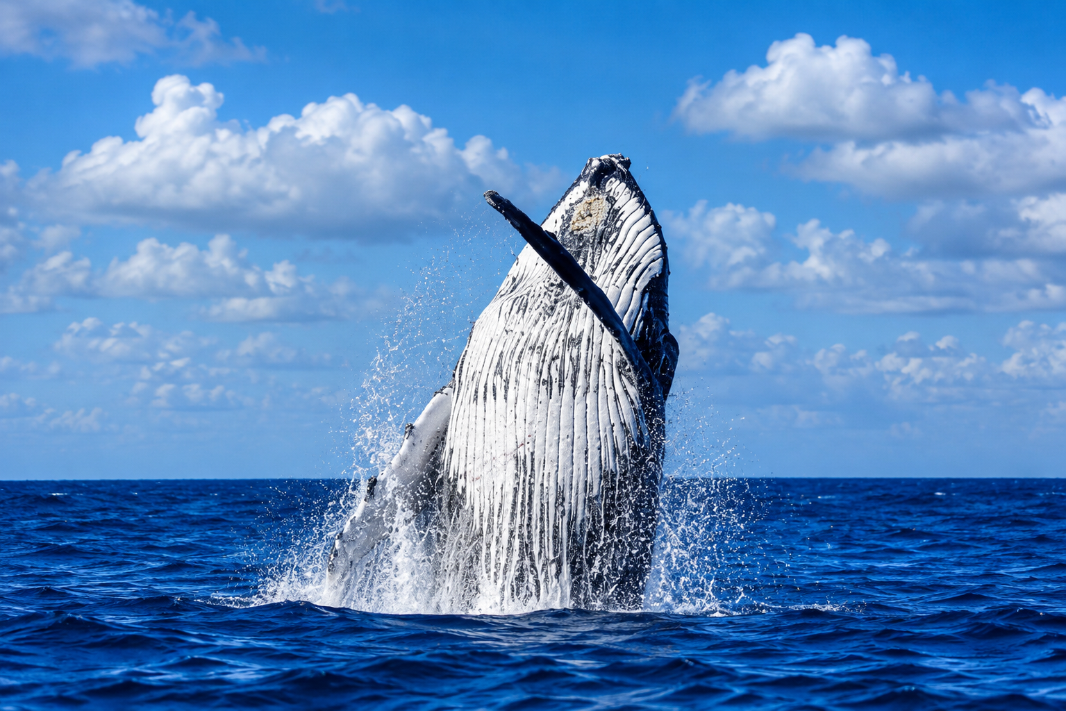 Front-facing humpback whale breach showing its throat pleats off Ballina