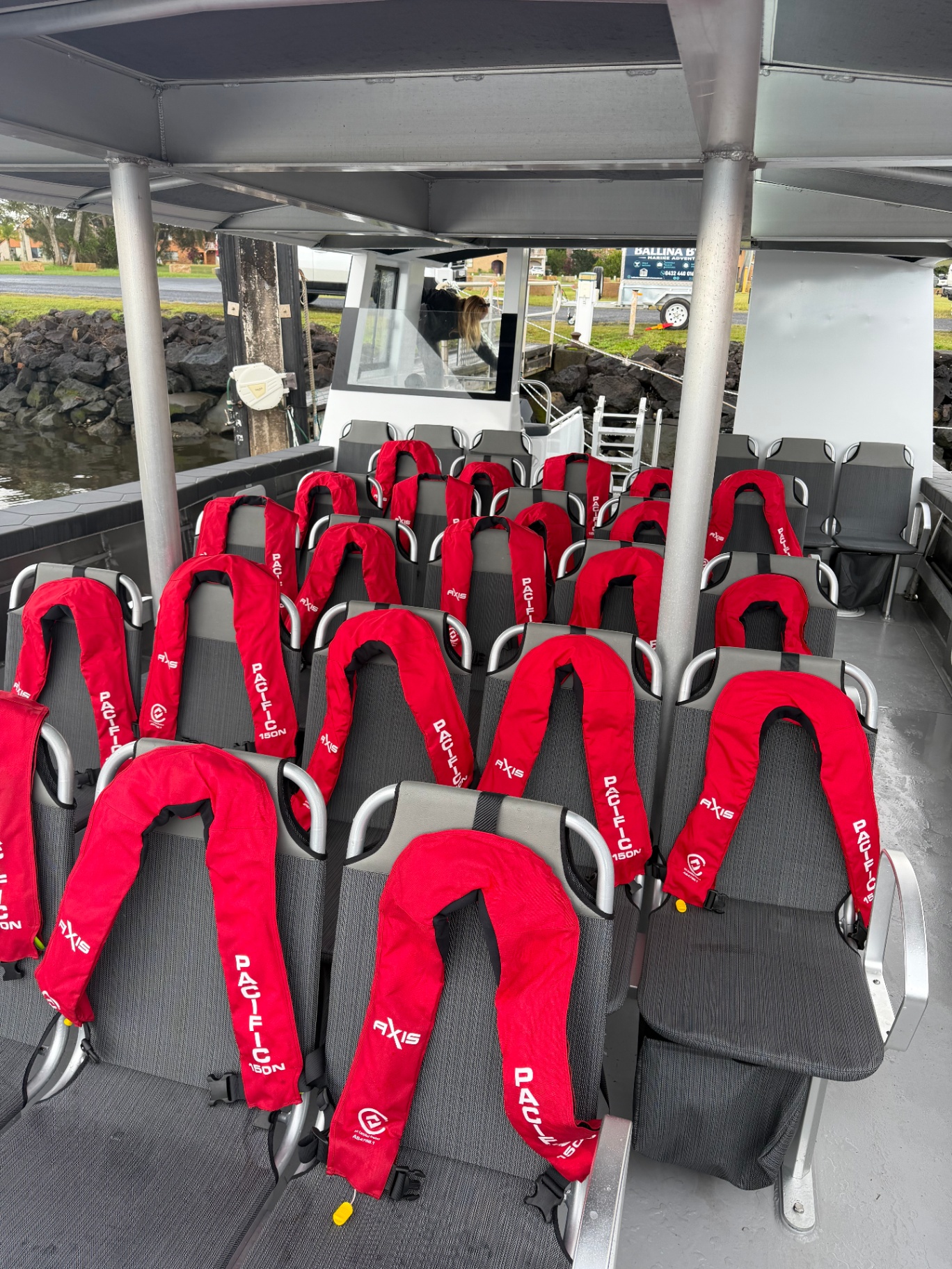 Padded seating and wide walkways aboard Cetacean One