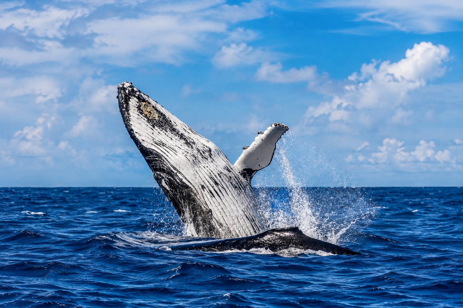 Side-profile humpback whale breaching from blue water off Ballina